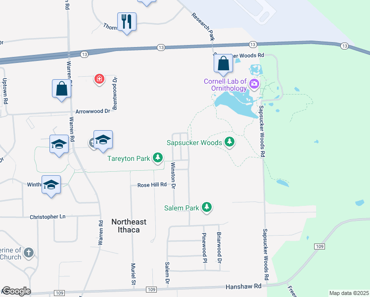 map of restaurants, bars, coffee shops, grocery stores, and more near 606 Winston Court in Ithaca