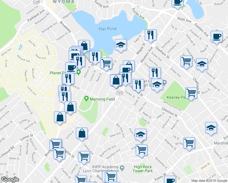 map of restaurants, bars, coffee shops, grocery stores, and more near 14 Cleveland Street in Lynn