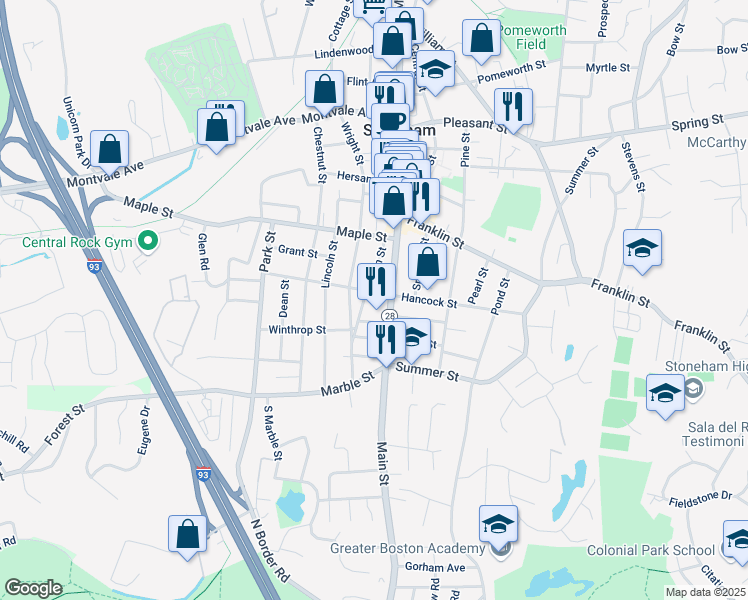 map of restaurants, bars, coffee shops, grocery stores, and more near 19 Warren Street in Stoneham