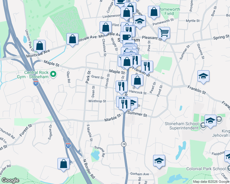 map of restaurants, bars, coffee shops, grocery stores, and more near 19 Warren Street in Stoneham