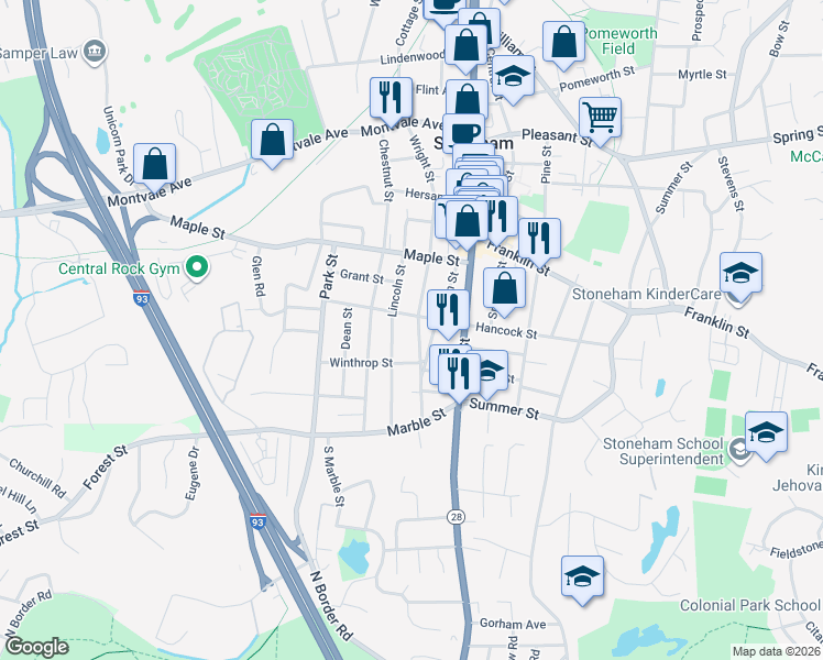 map of restaurants, bars, coffee shops, grocery stores, and more near 179 Hancock Street in Stoneham