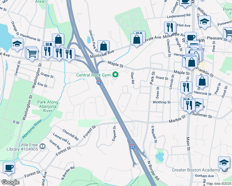 map of restaurants, bars, coffee shops, grocery stores, and more near 117 Hill Street in Stoneham