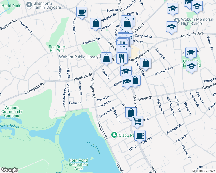 map of restaurants, bars, coffee shops, grocery stores, and more near 18 Warren Avenue in Woburn