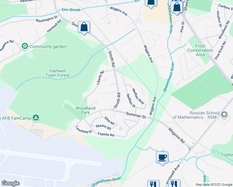 map of restaurants, bars, coffee shops, grocery stores, and more near 289 South Road in Bedford