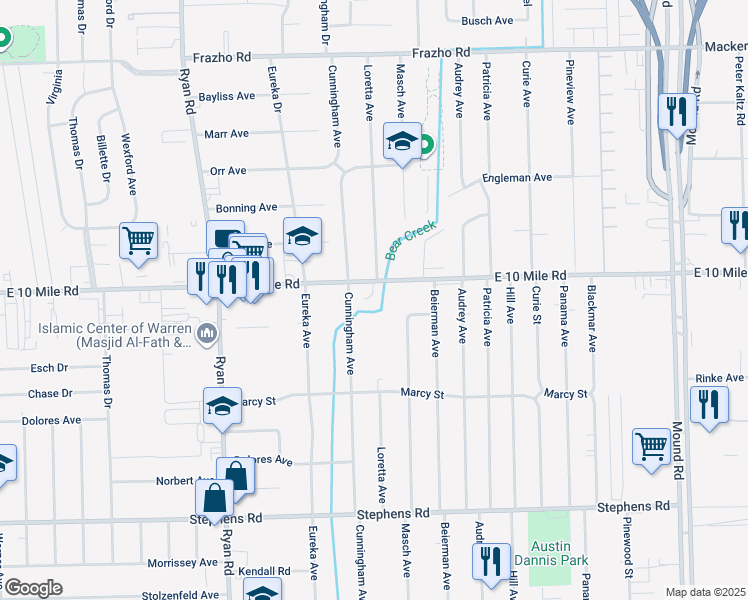 map of restaurants, bars, coffee shops, grocery stores, and more near 25006 Loretta Avenue in Warren