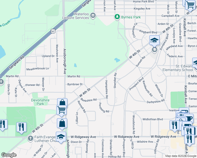 map of restaurants, bars, coffee shops, grocery stores, and more near 100 Martin Rd in Waterloo