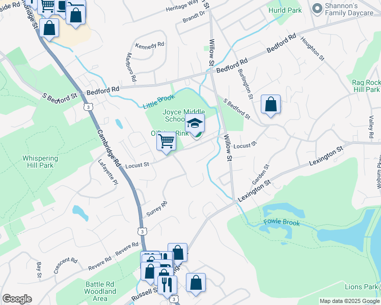 map of restaurants, bars, coffee shops, grocery stores, and more near 78 Locust Street in Woburn