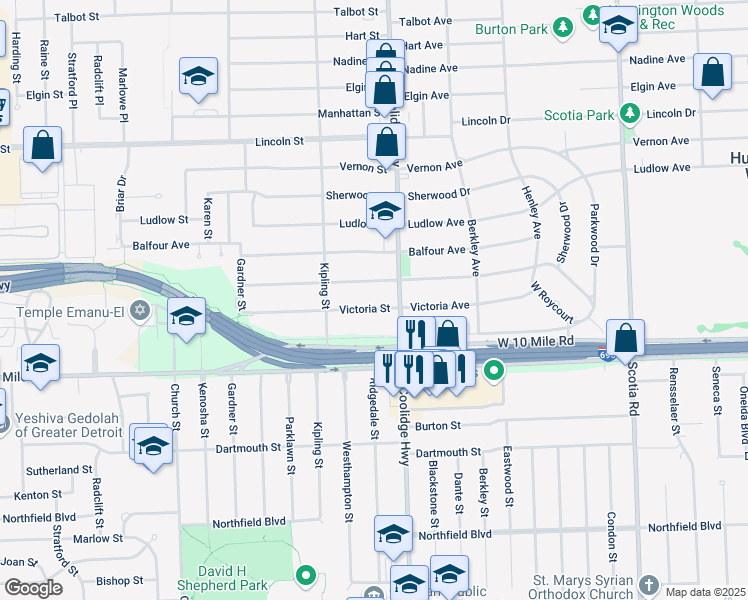 map of restaurants, bars, coffee shops, grocery stores, and more near 13660 Winchester Street in Oak Park