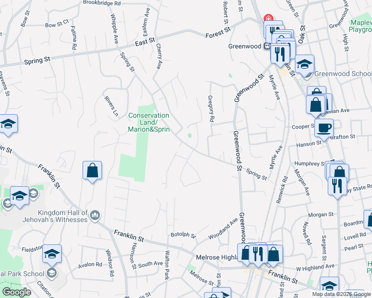 map of restaurants, bars, coffee shops, grocery stores, and more near 93 Spring Street in Wakefield
