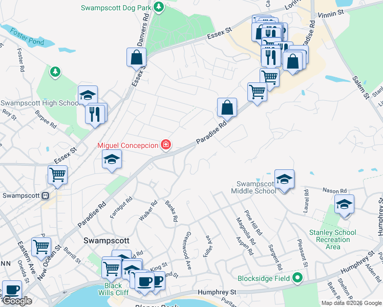 map of restaurants, bars, coffee shops, grocery stores, and more near 290 Paradise Road in Swampscott