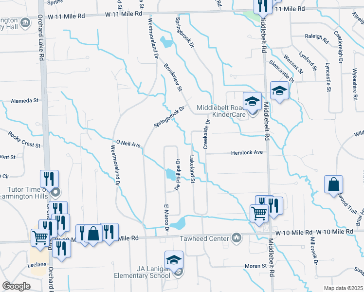 map of restaurants, bars, coffee shops, grocery stores, and more near 30324 Le Mans Drive in Farmington Hills