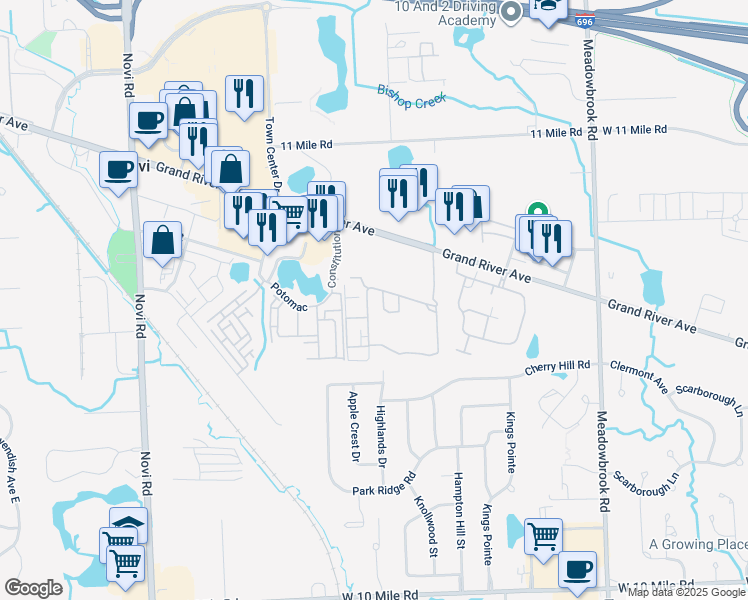 map of restaurants, bars, coffee shops, grocery stores, and more near 42101 Fountain Park Drive North in Novi