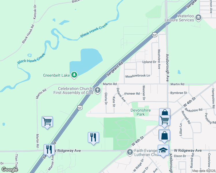 map of restaurants, bars, coffee shops, grocery stores, and more near 700-798 Martin Road in Waterloo