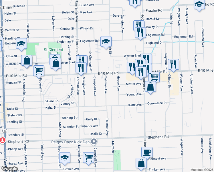 map of restaurants, bars, coffee shops, grocery stores, and more near 24800 Tallman Avenue in Warren
