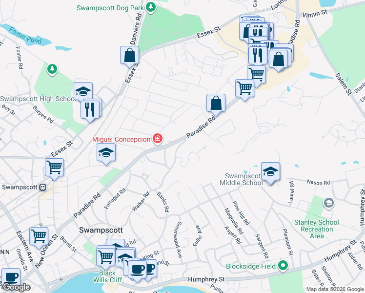map of restaurants, bars, coffee shops, grocery stores, and more near 290 Paradise Road in Swampscott