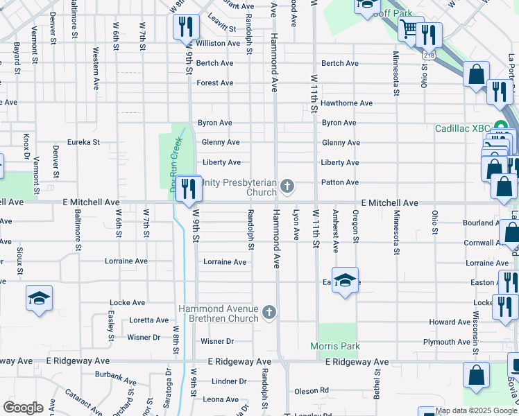 map of restaurants, bars, coffee shops, grocery stores, and more near 1210 East Mitchell Avenue in Waterloo