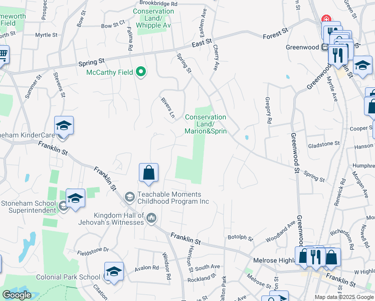 map of restaurants, bars, coffee shops, grocery stores, and more near 2 Dinanno Road in Stoneham