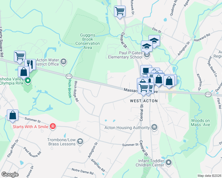 map of restaurants, bars, coffee shops, grocery stores, and more near 1 Gregory Lane in Acton