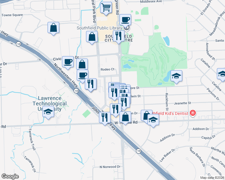 map of restaurants, bars, coffee shops, grocery stores, and more near 25536 Saint James in Southfield
