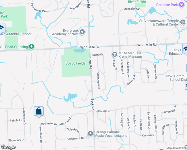 map of restaurants, bars, coffee shops, grocery stores, and more near 25811 Strath Haven Drive in Novi