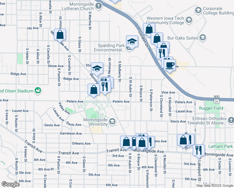 map of restaurants, bars, coffee shops, grocery stores, and more near 1322 South Newton Street in Sioux City