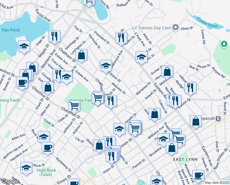 map of restaurants, bars, coffee shops, grocery stores, and more near 44 Webster Street in Lynn
