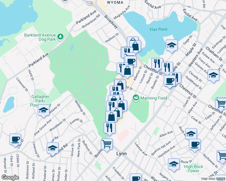 map of restaurants, bars, coffee shops, grocery stores, and more near in Lynn