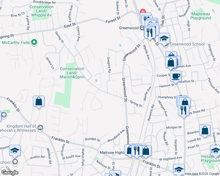 map of restaurants, bars, coffee shops, grocery stores, and more near 18 Marion Road in Wakefield
