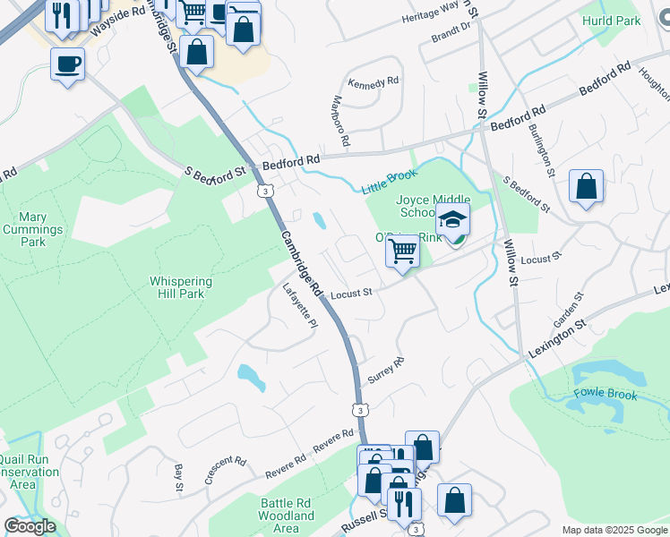 map of restaurants, bars, coffee shops, grocery stores, and more near 111 Locust Street in Woburn