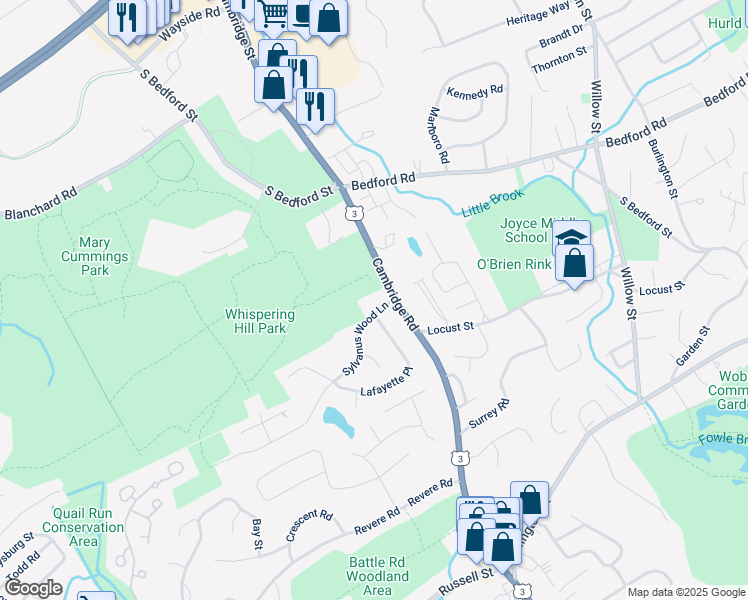 map of restaurants, bars, coffee shops, grocery stores, and more near in Woburn