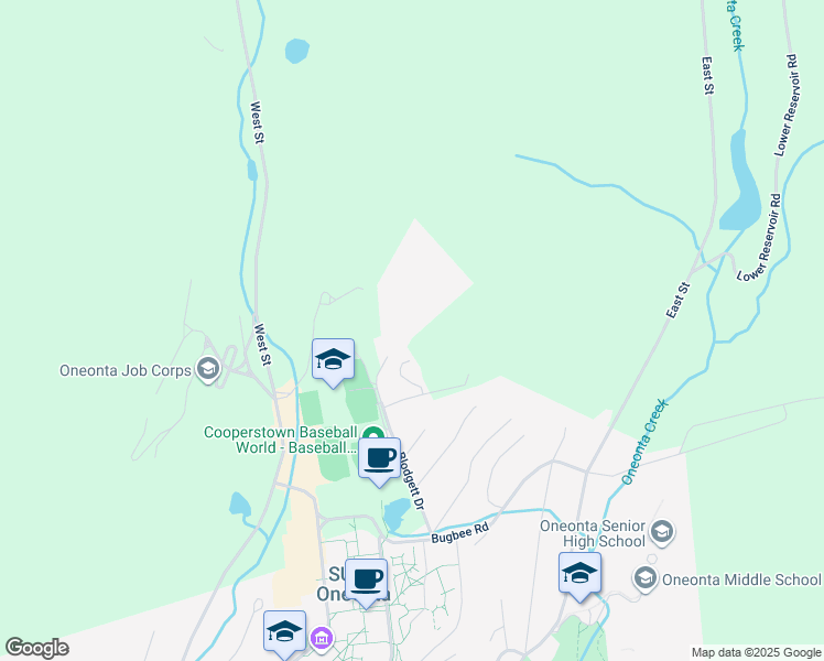 map of restaurants, bars, coffee shops, grocery stores, and more near 150 Blodgett Drive in Oneonta