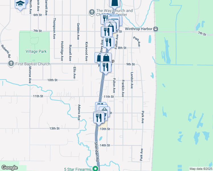 map of restaurants, bars, coffee shops, grocery stores, and more near 1717 10th Street in Winthrop Harbor