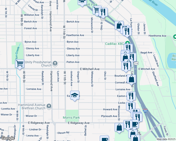 map of restaurants, bars, coffee shops, grocery stores, and more near 1643 East Mitchell Avenue in Waterloo