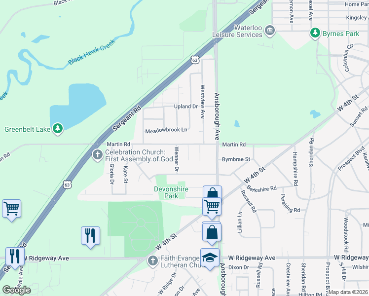 map of restaurants, bars, coffee shops, grocery stores, and more near 416 Martin Road in Waterloo