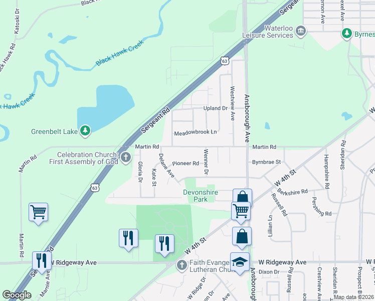 map of restaurants, bars, coffee shops, grocery stores, and more near 410 Meadowbrook Lane in Waterloo