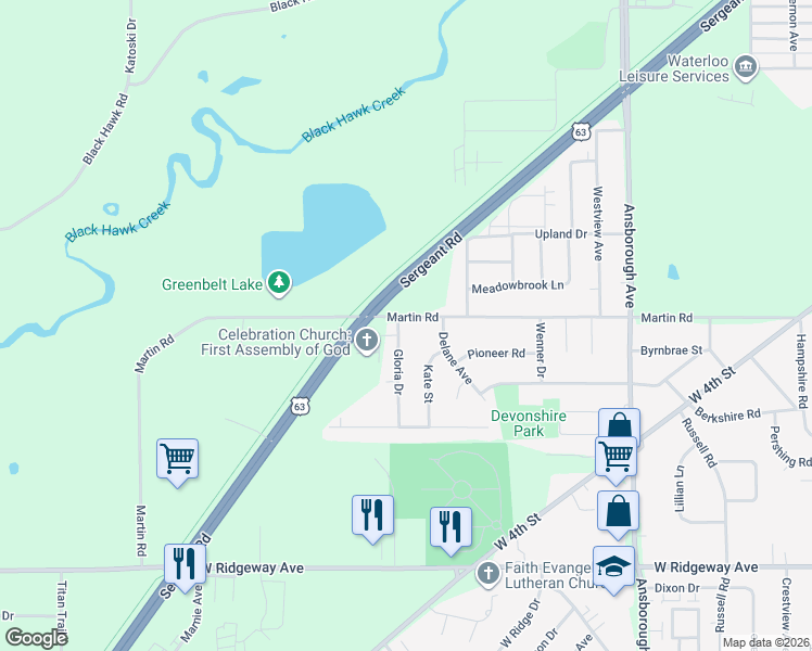 map of restaurants, bars, coffee shops, grocery stores, and more near 700-798 Martin Road in Waterloo