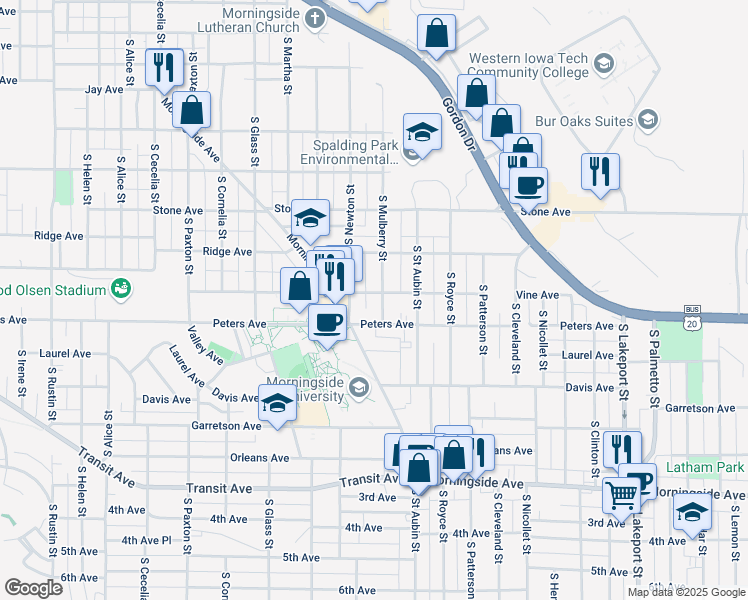 map of restaurants, bars, coffee shops, grocery stores, and more near 1322 South Newton Street in Sioux City