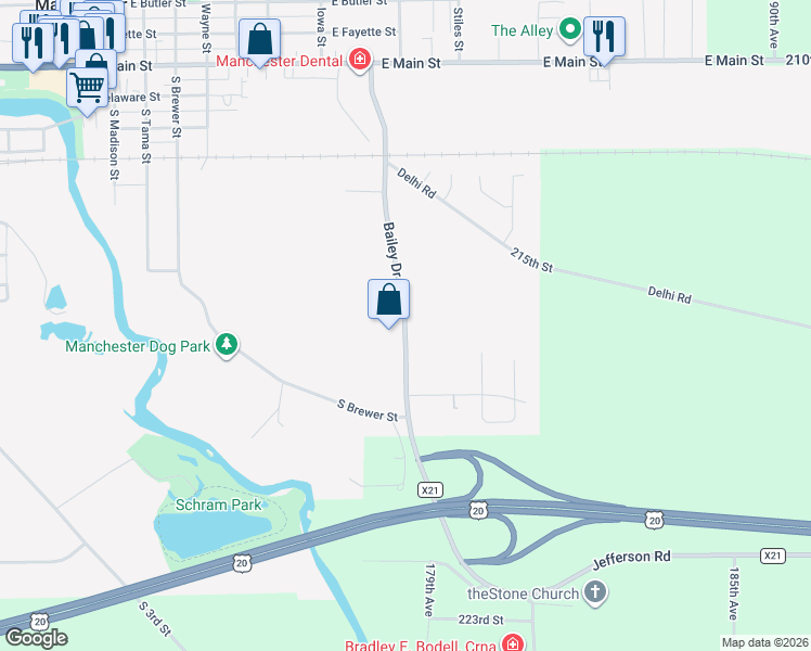 map of restaurants, bars, coffee shops, grocery stores, and more near County Highway X21 in Manchester