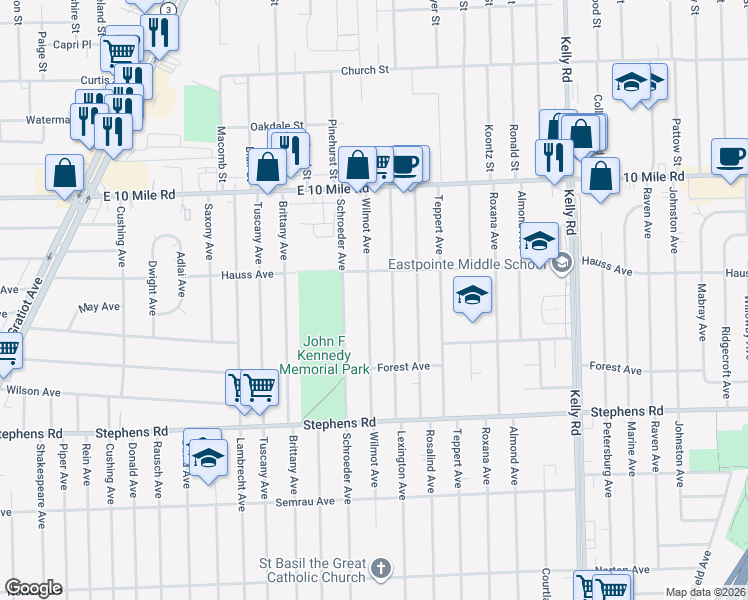 map of restaurants, bars, coffee shops, grocery stores, and more near 24648 Wilmot Avenue in Eastpointe