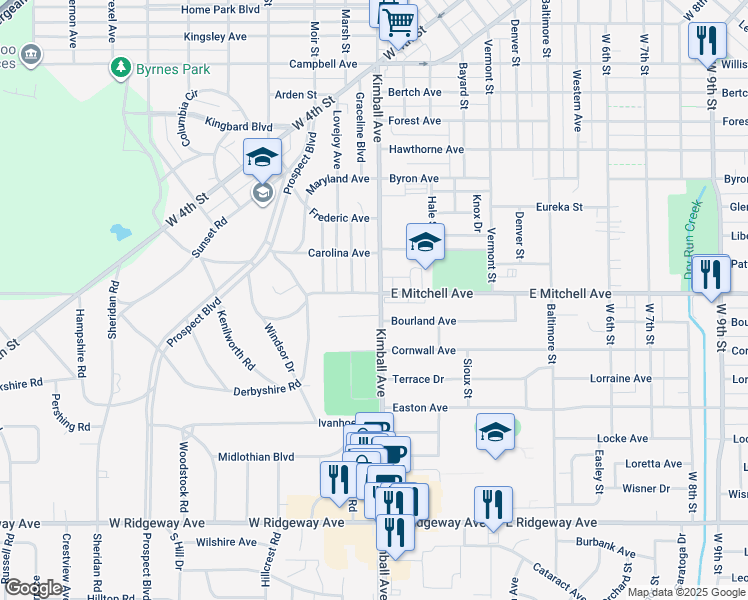 map of restaurants, bars, coffee shops, grocery stores, and more near 1504 Kimball Avenue in Waterloo