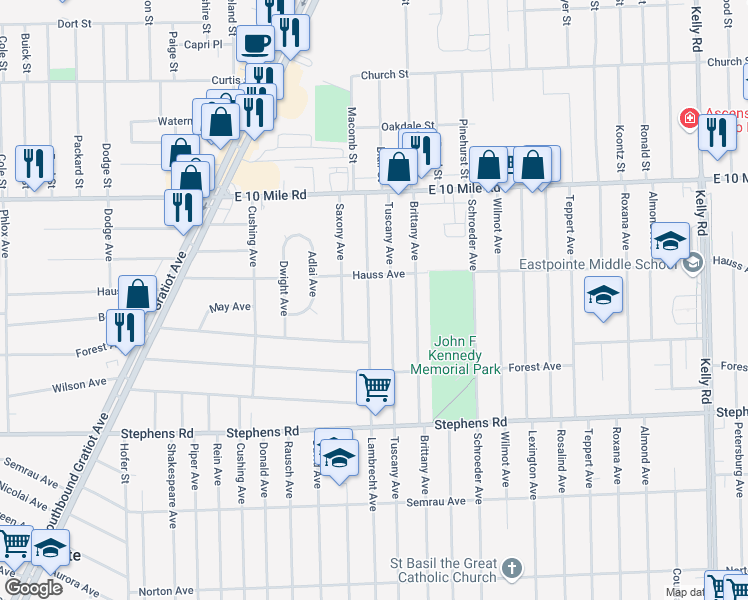 map of restaurants, bars, coffee shops, grocery stores, and more near 24692 Lambrecht Avenue in Eastpointe