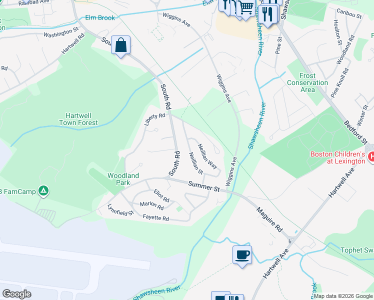 map of restaurants, bars, coffee shops, grocery stores, and more near 17 Neillian Street in Bedford