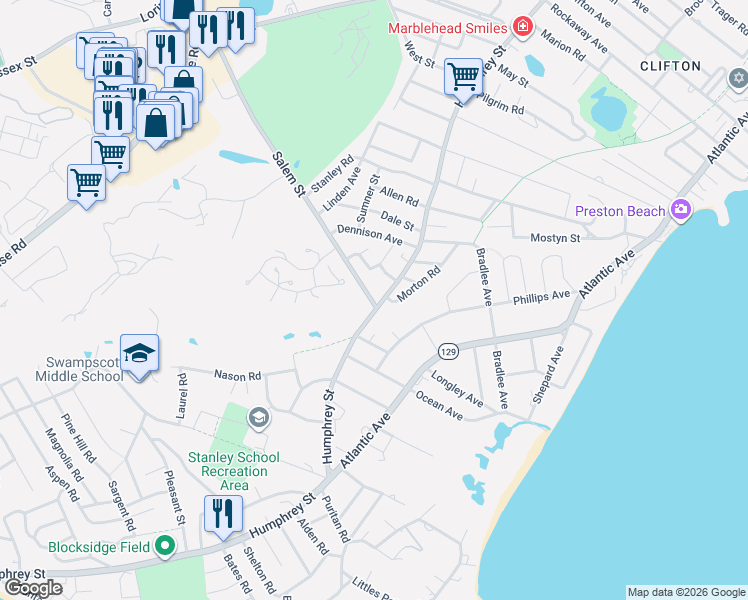 map of restaurants, bars, coffee shops, grocery stores, and more near 1 Salem Street in Swampscott