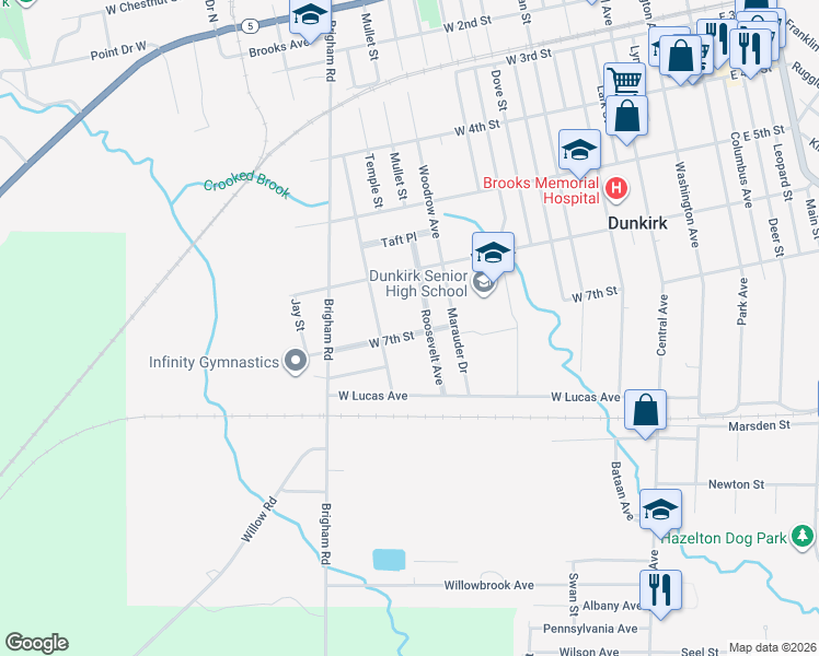 map of restaurants, bars, coffee shops, grocery stores, and more near 617 Roosevelt Avenue in Dunkirk