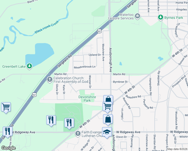map of restaurants, bars, coffee shops, grocery stores, and more near 416 Martin Road in Waterloo