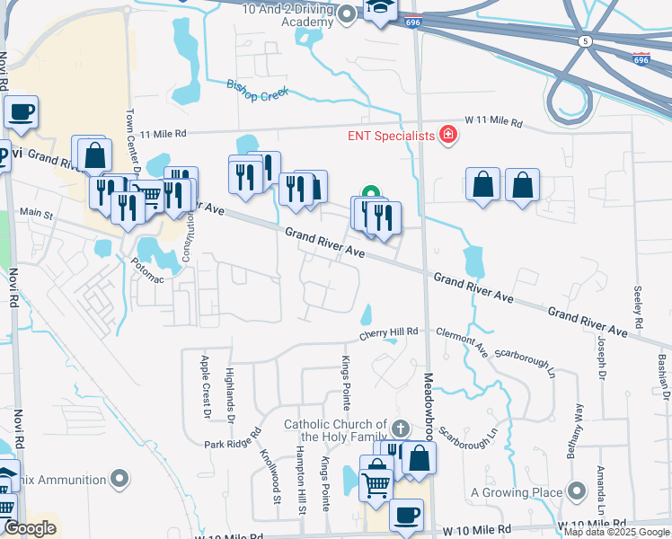 map of restaurants, bars, coffee shops, grocery stores, and more near 42010 Grand River Avenue in Novi