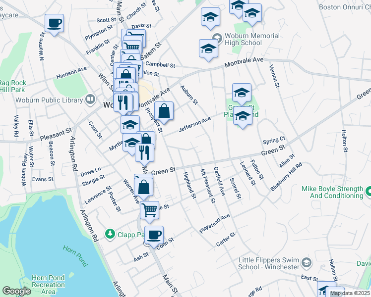 map of restaurants, bars, coffee shops, grocery stores, and more near 22 Mount Pleasant Street in Woburn
