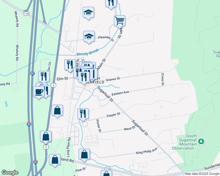 map of restaurants, bars, coffee shops, grocery stores, and more near 10 Graves Street in Deerfield