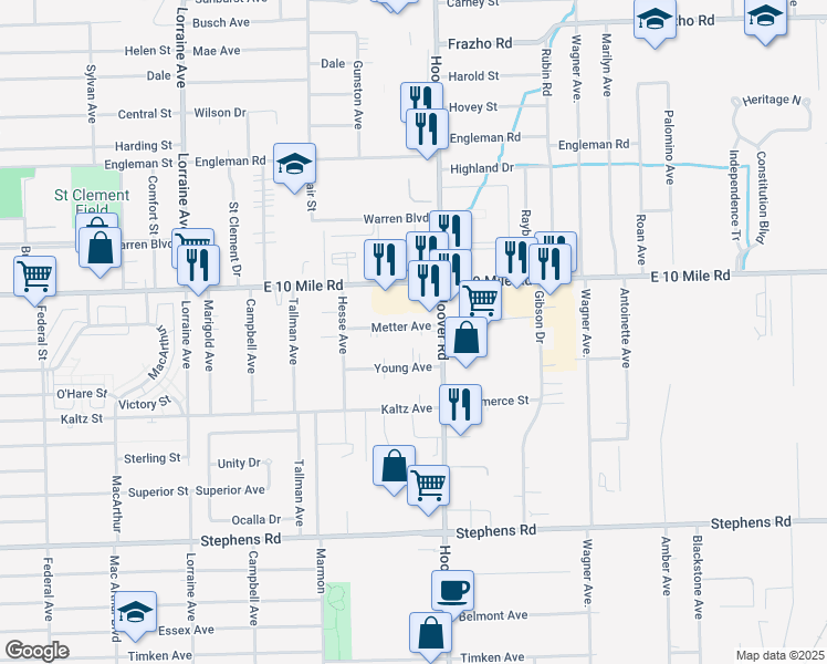 map of restaurants, bars, coffee shops, grocery stores, and more near 11581 Metter Avenue in Warren