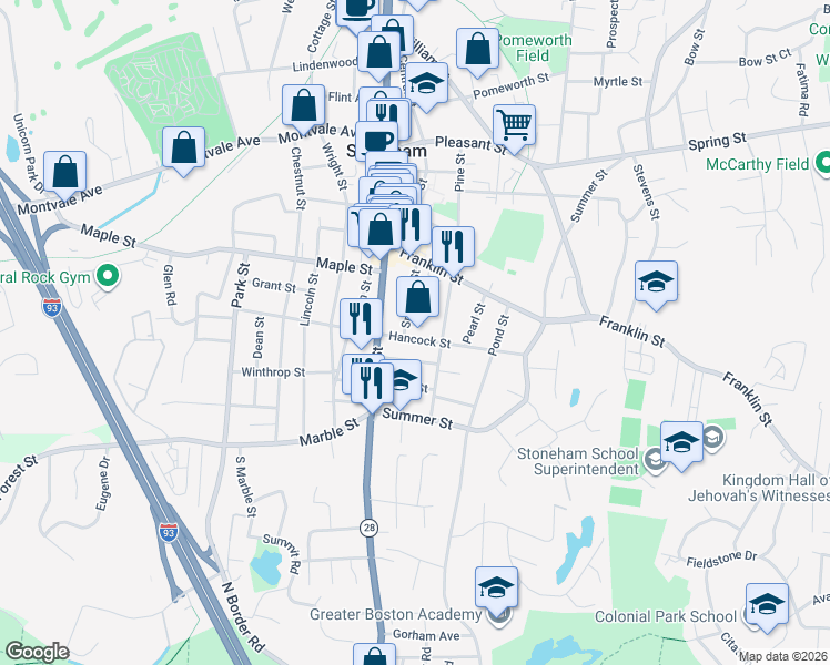 map of restaurants, bars, coffee shops, grocery stores, and more near 10-24 Spencer Street in Stoneham